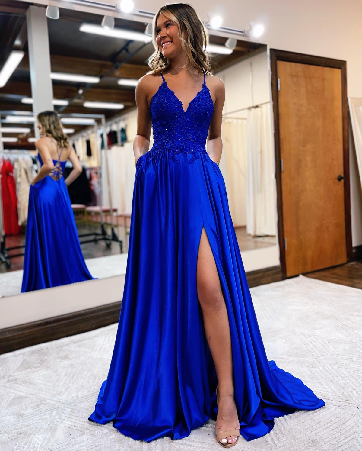 A-line Spaghetti Straps Corset Back Prom Dress With Split - View 8 | VelvetHem