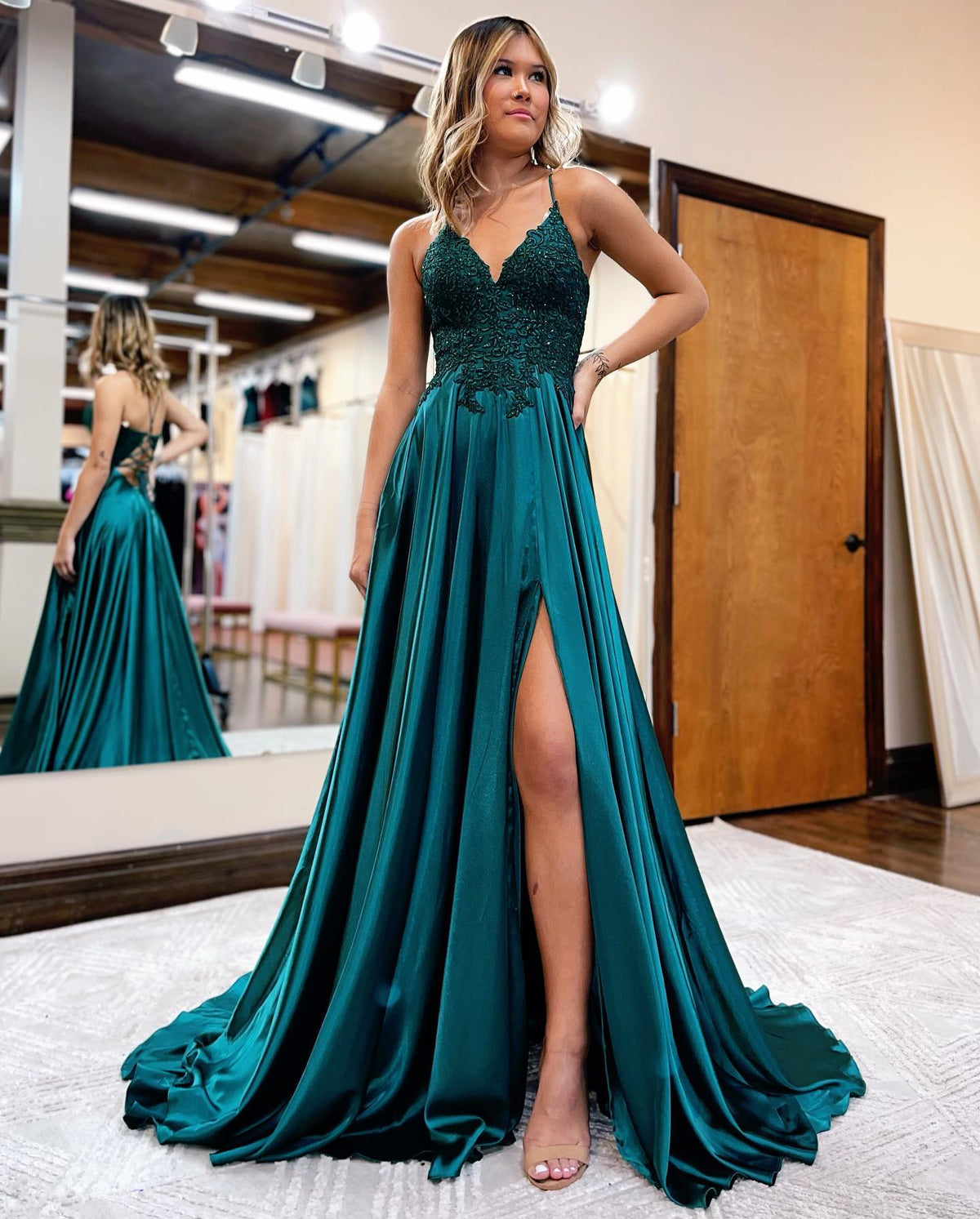 A-line Spaghetti Straps Corset Back Prom Dress With Split - View 6 | VelvetHem