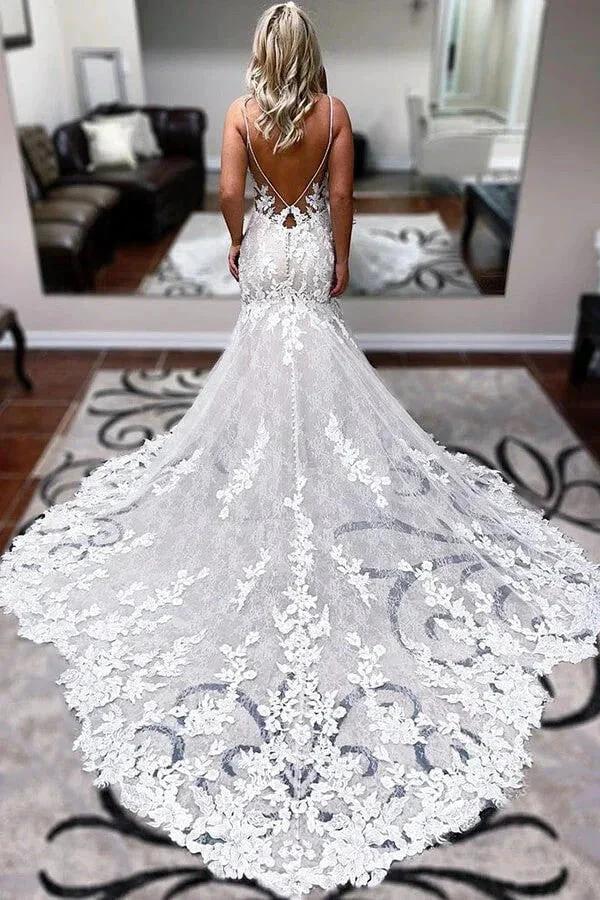 A-line Spaghetti Straps Mermaid Wedding Dress With Lace Appliques (ZD16131)