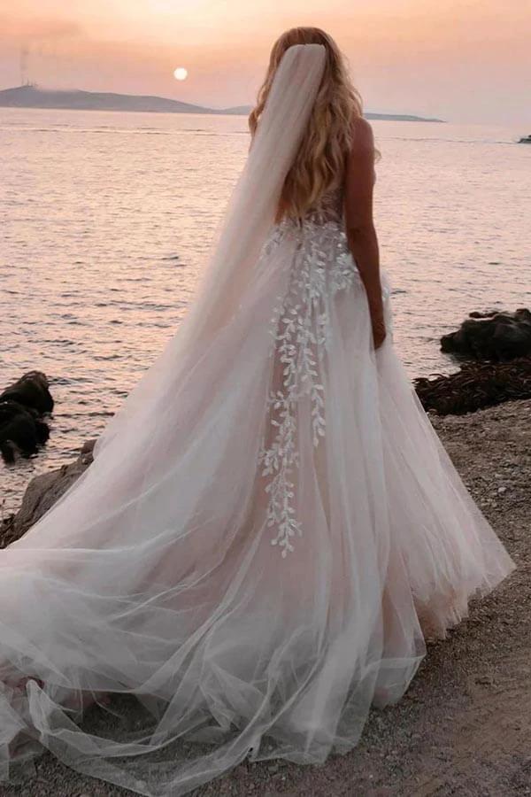 A-line Sweetheart Lace Appliques Boho Long Wedding Dress (ZD16072)