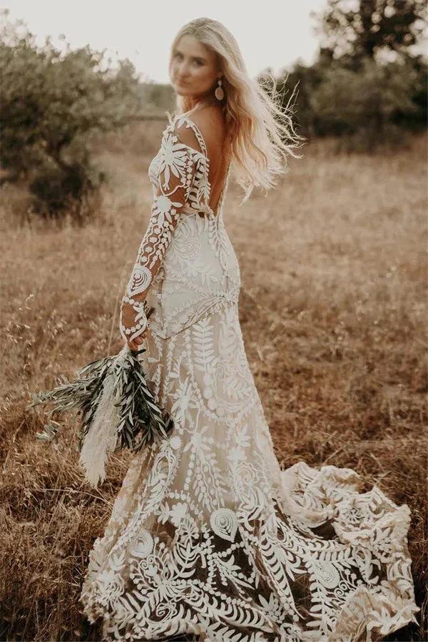 Sheath Unique Lace Long Sleeves Bohemian Wedding Dress (ZD16073) - View 4 | VelvetHem