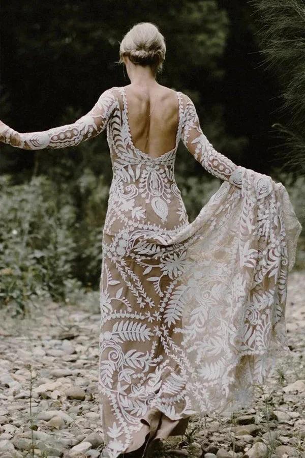 Sheath Unique Lace Long Sleeves Bohemian Wedding Dress (ZD16073) - View 5 | VelvetHem