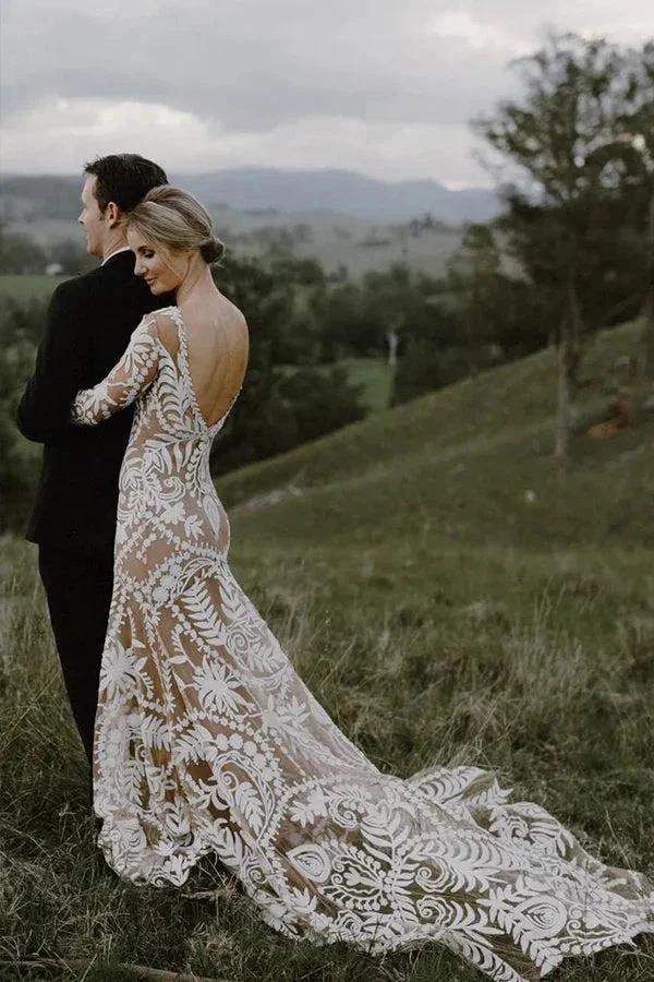 Sheath Unique Lace Long Sleeves Bohemian Wedding Dress (ZD16073) - View 2 | VelvetHem