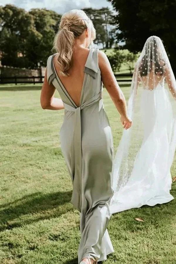 Sheath V-Neck Sage Green Bridesmaid Dresses with Bow Tie (ZD12849)