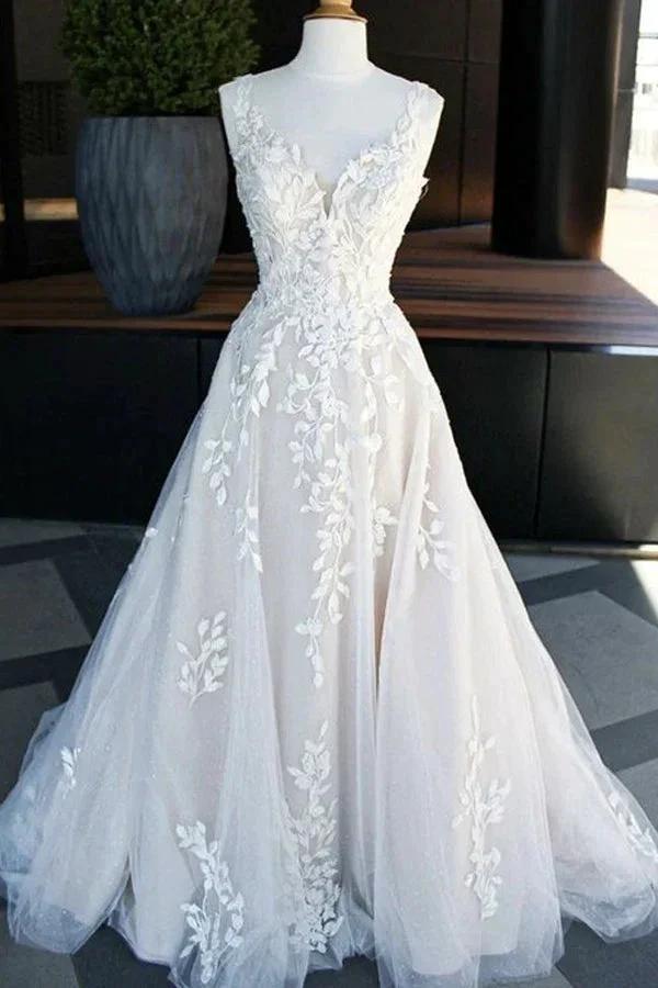 A-line V -neck Sweep Train Wedding Dresses With Lace Appliques (ZD16126) - View 2 | VelvetHem