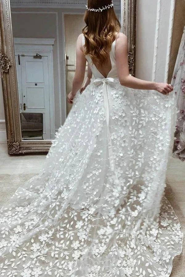 A-line V Neck Elegant Floral Lace Wedding Dresses (ZD16127)