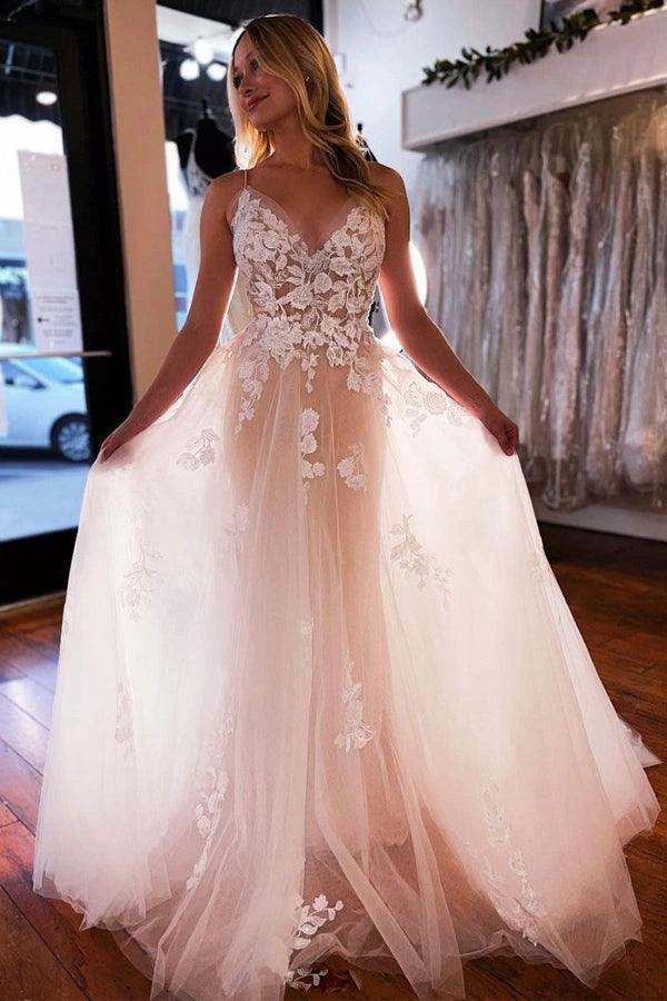 A-line V Neck Light Champagne Tulle Ivory Lace Wedding Dress (ZD16209)