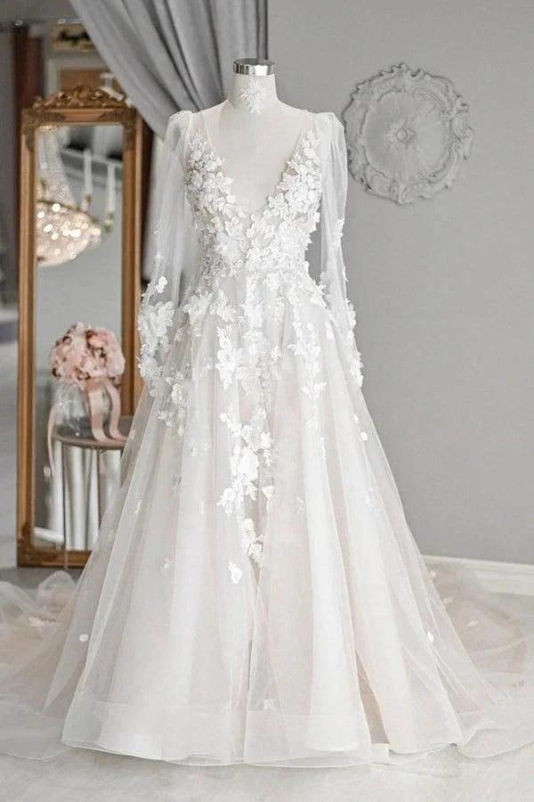A-line V Neck Long Sleeves Ivory Tulle Wedding Dresses Bridal Gowns (ZD16226)