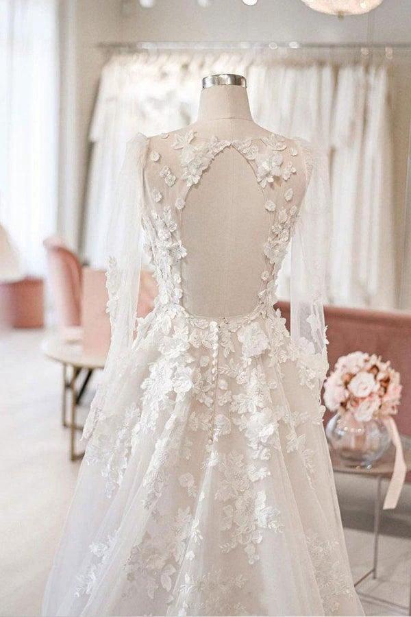 A-line V Neck Long Sleeves Ivory Tulle Wedding Dresses Bridal Gowns (ZD16226)