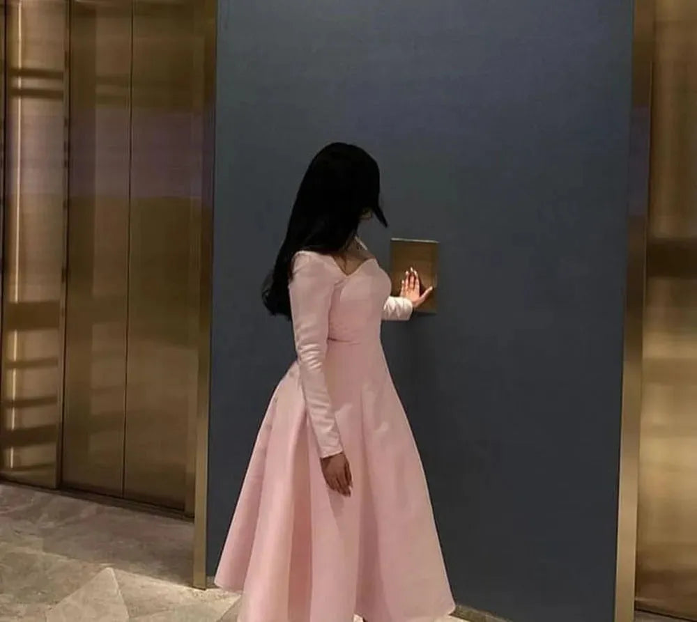 Pink Arabic Prom Dress Gowns Long Sleeves A Line Satin Custom Formal Evening Gown Elegant Party Dress For Women