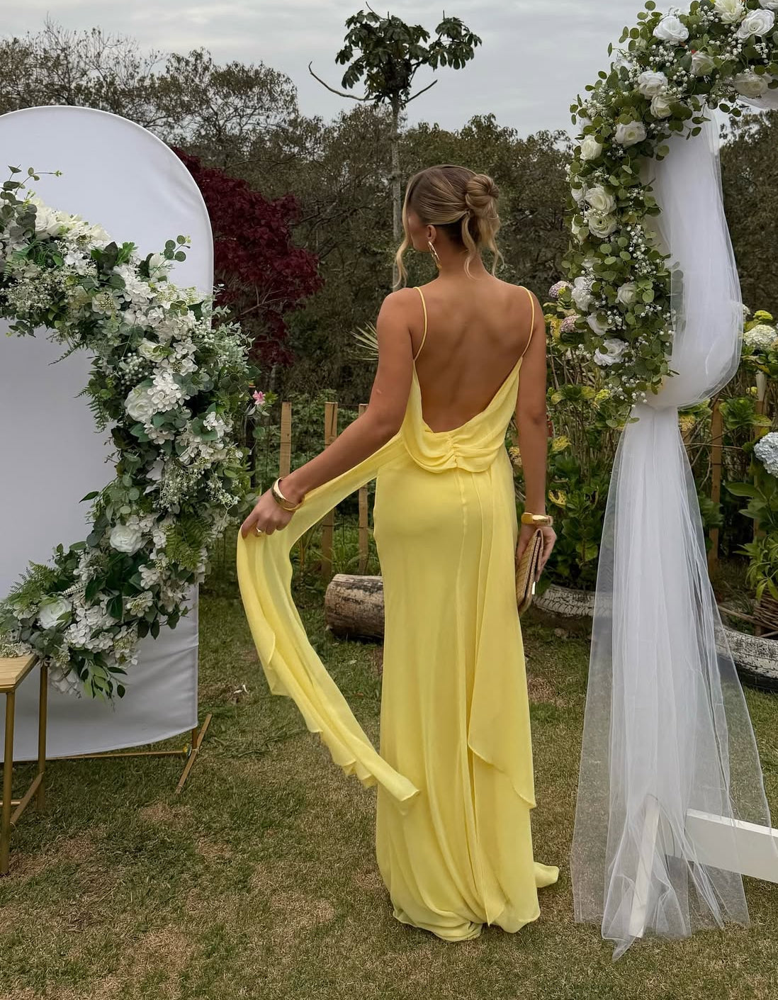 Yellow Chiffon Long Prom Dress Backless Formal Evening Party Dress J8887