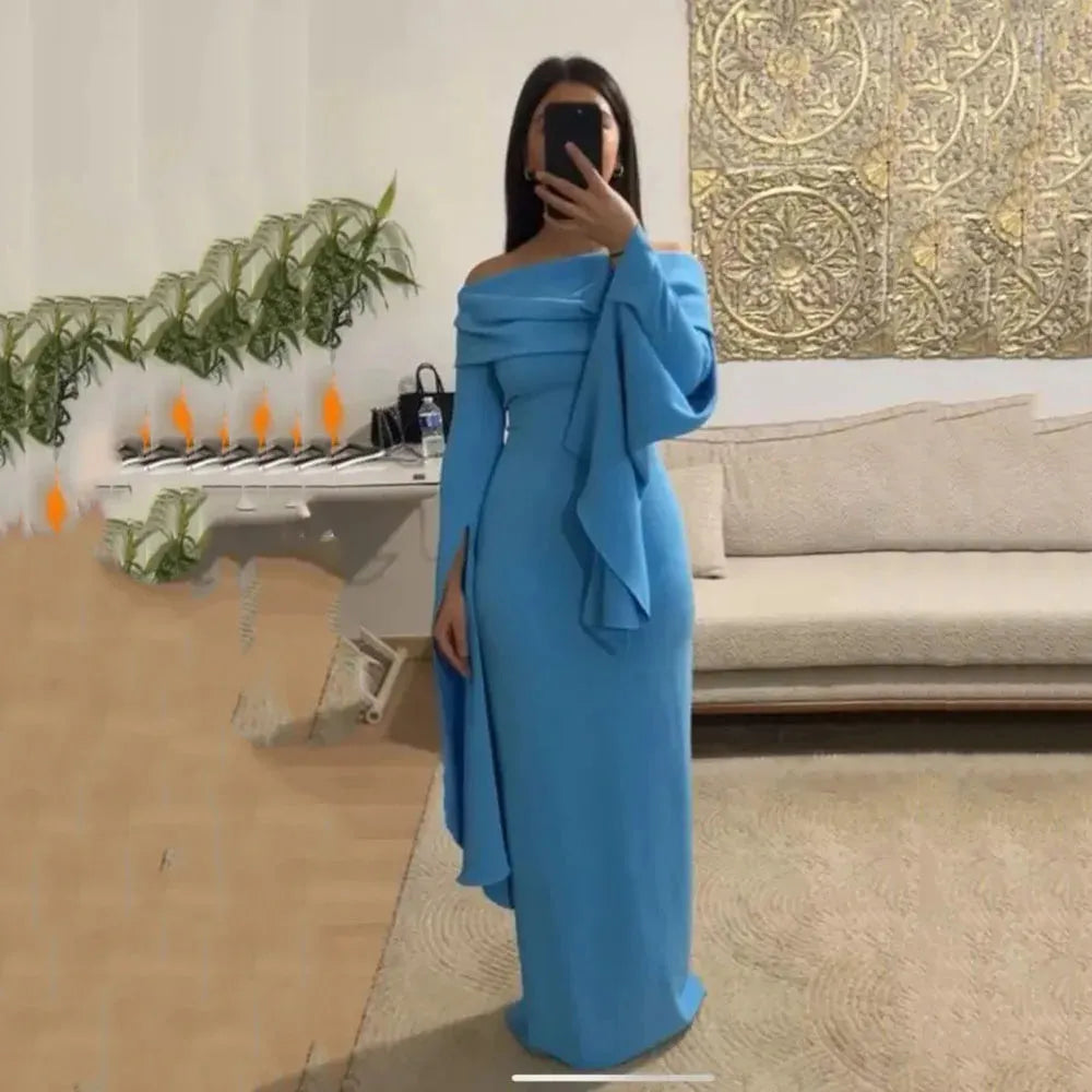 Elegant Clue Mermaid Prom Dress Elastic Satin Draped Long Sleeves Floor Length Formal Evening Dress vestido de gala Blue
