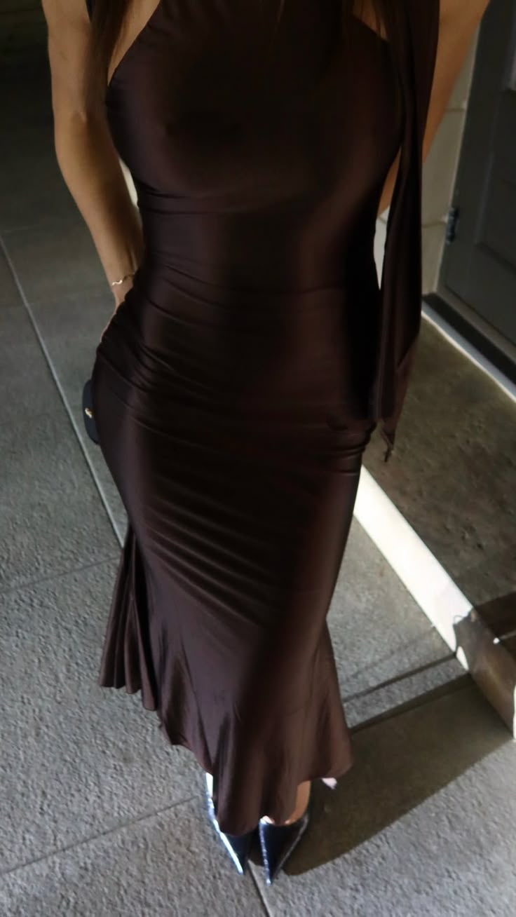 Stylish Halter Sleeveless Brown Satin Mermaid Long Wedding Guest Dress Evening Dress