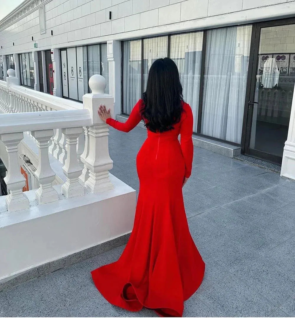 Elegant Red Mermaid Prom Dress Elastic Satin Square Long Sleeves Floor Length Formal Evening Dress vestido de gala