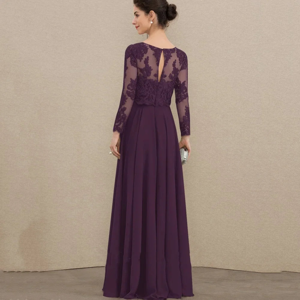 Customized Chiffon O Neck Bridal Dress Elegant Lace A Line Wedding Party Gowns For Bride Long Sleeves Formal Mother Dresses