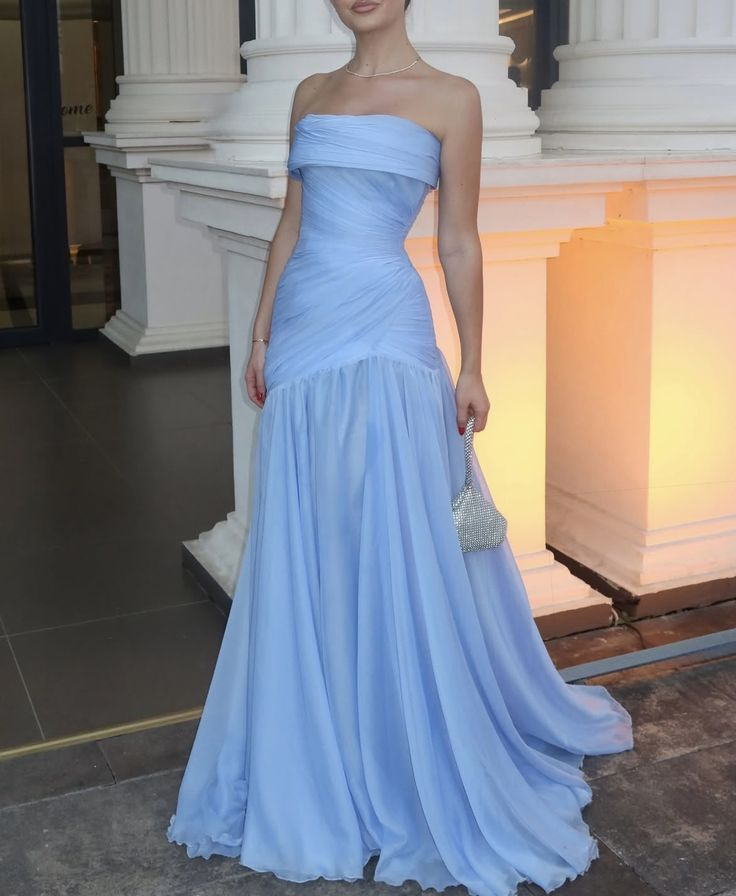Elegant Strapless Blue Chiffon Pleated Mermaid Evening Dress Long Wedding Guest Dress - FashionDia