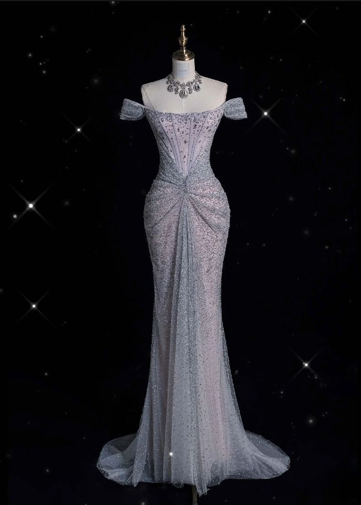 Sparkly Lilac Tulle Beaded Mermaid Off The Shoulder Evening Dress Long Prom Dress Y8054 - VelvetHem