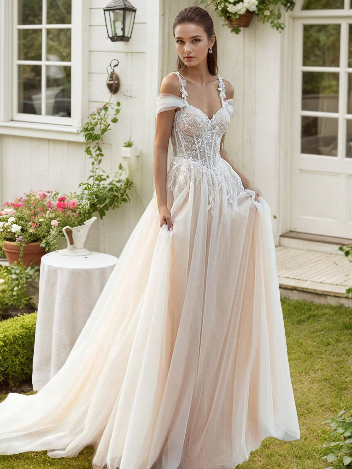 Off-the-Shoulder Wedding Dresses Boho Applique A-Line Ball Gown - FashionDia