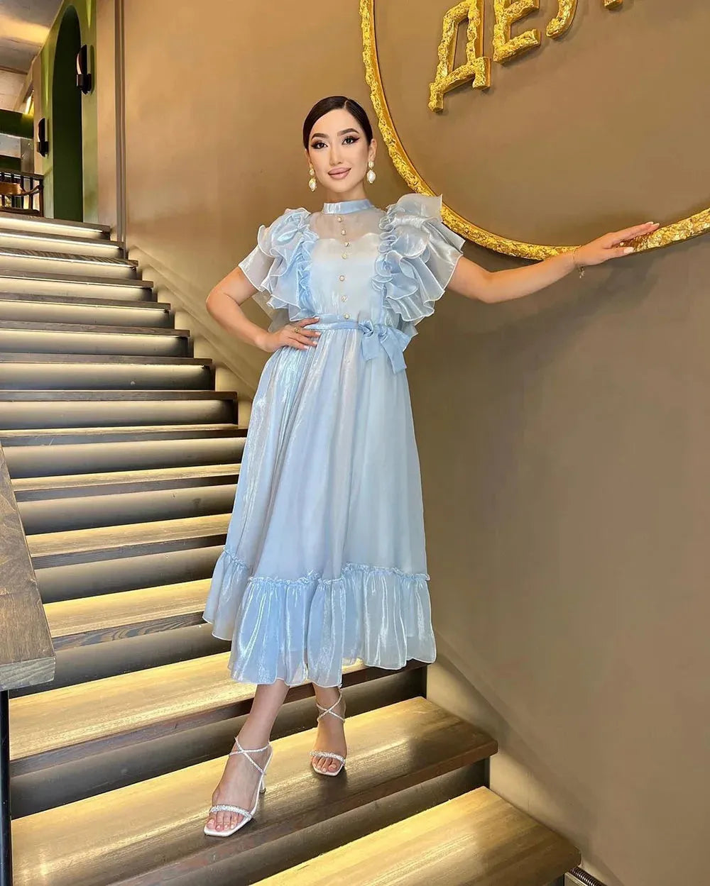 Blue Prom Dresses O Neck Puff Sleeves Ruched Button Homecoming Dresses Occasion Party Gown vestidos de graduación