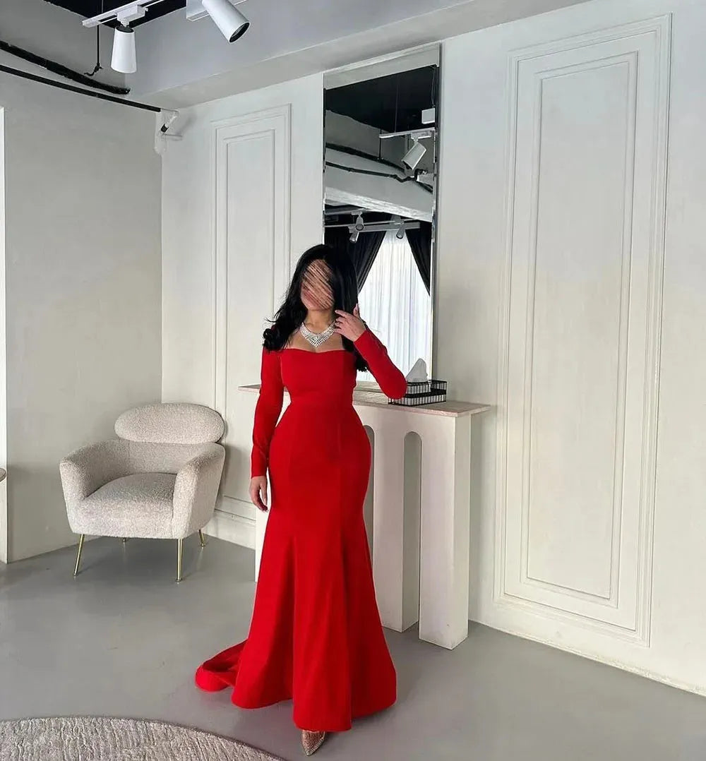 Elegant Red Mermaid Prom Dress Elastic Satin Square Long Sleeves Floor Length Formal Evening Dress vestido de gala