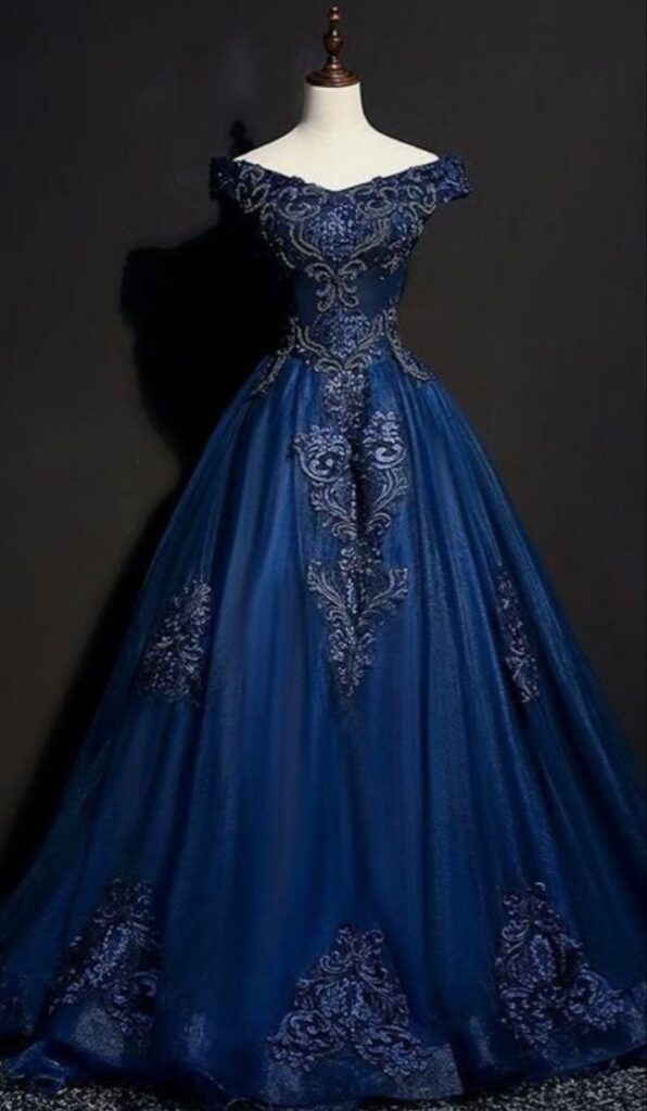 Navy Blue Tulle Appliques Evening Dress,Off The Shoulder A Line Prom Dress Birthday Ball Gown