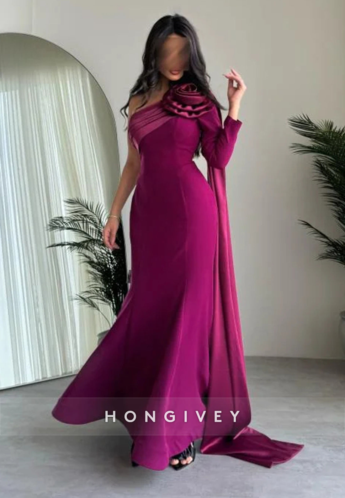 Trumpet Watteau Train Asymmetrical Neck Satin Pleated Evening Gown