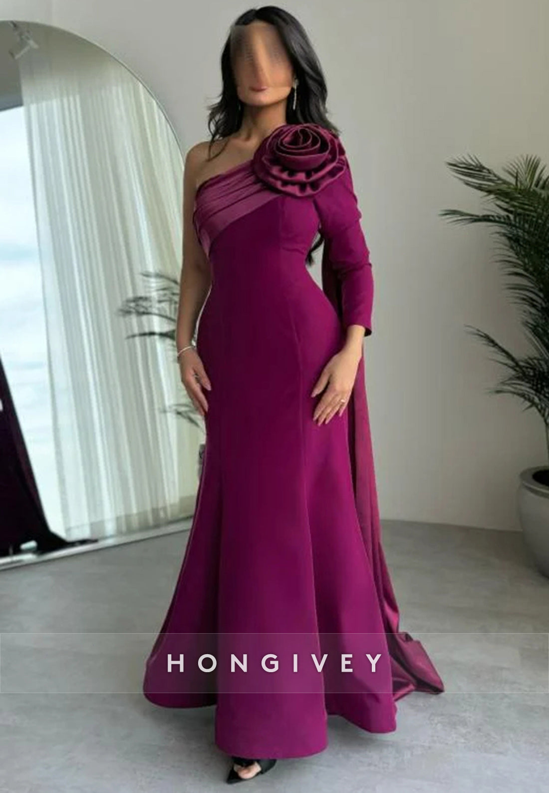 Trumpet Watteau Train Asymmetrical Neck Satin Pleated Evening Gown