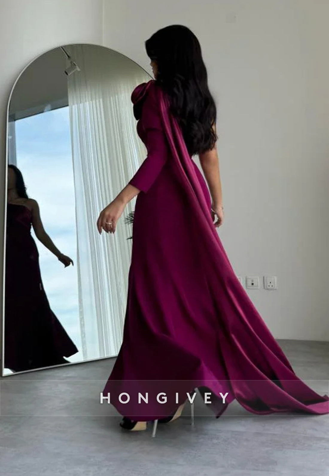Trumpet Watteau Train Asymmetrical Neck Satin Pleated Evening Gown