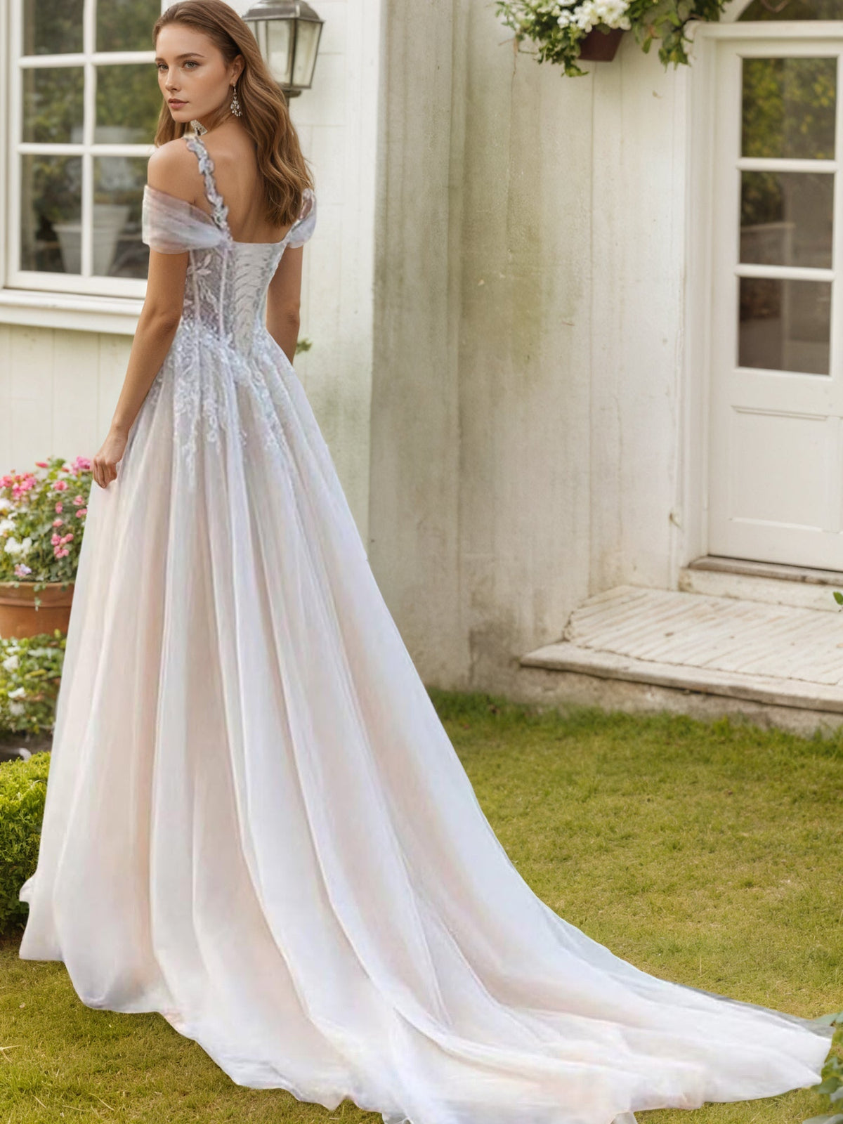Off-the-Shoulder Wedding Dresses Boho Applique A-Line Ball Gown - View 2 | FashionDia