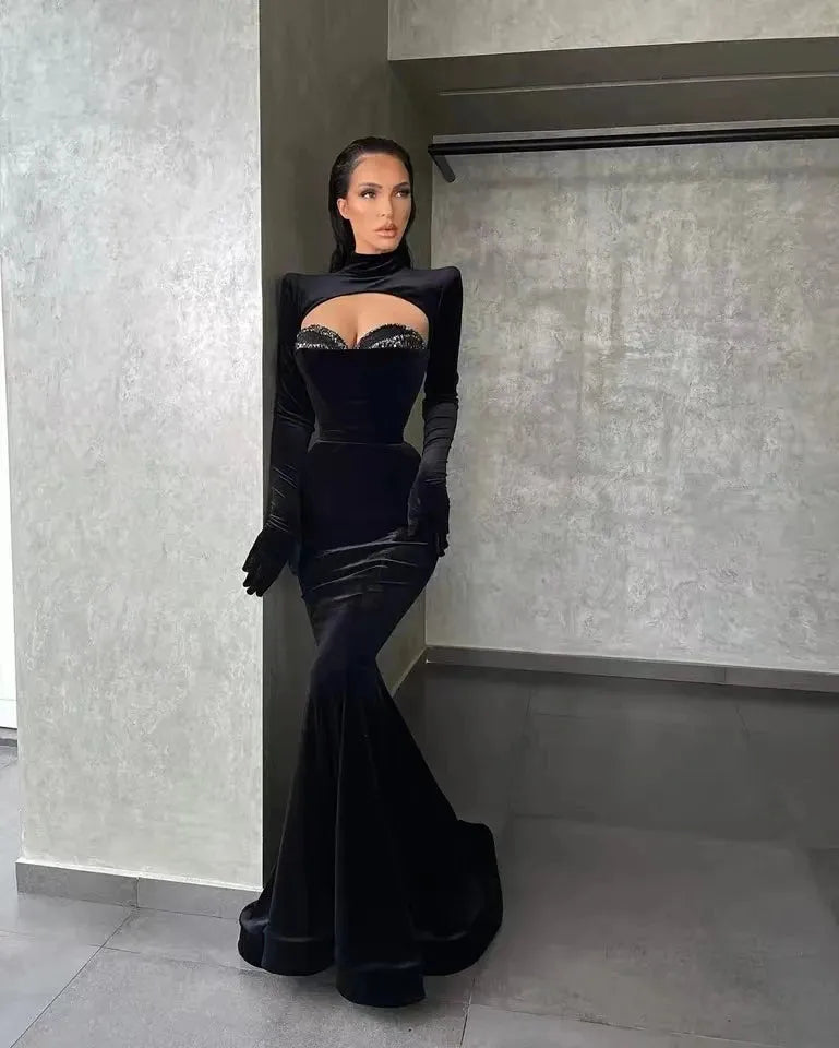 Muslim Arabic Black Elegant Evening Dress Long Sleeve Prom Dress Mermaid High Neck Formal Occasion Gown Robes De Soirée