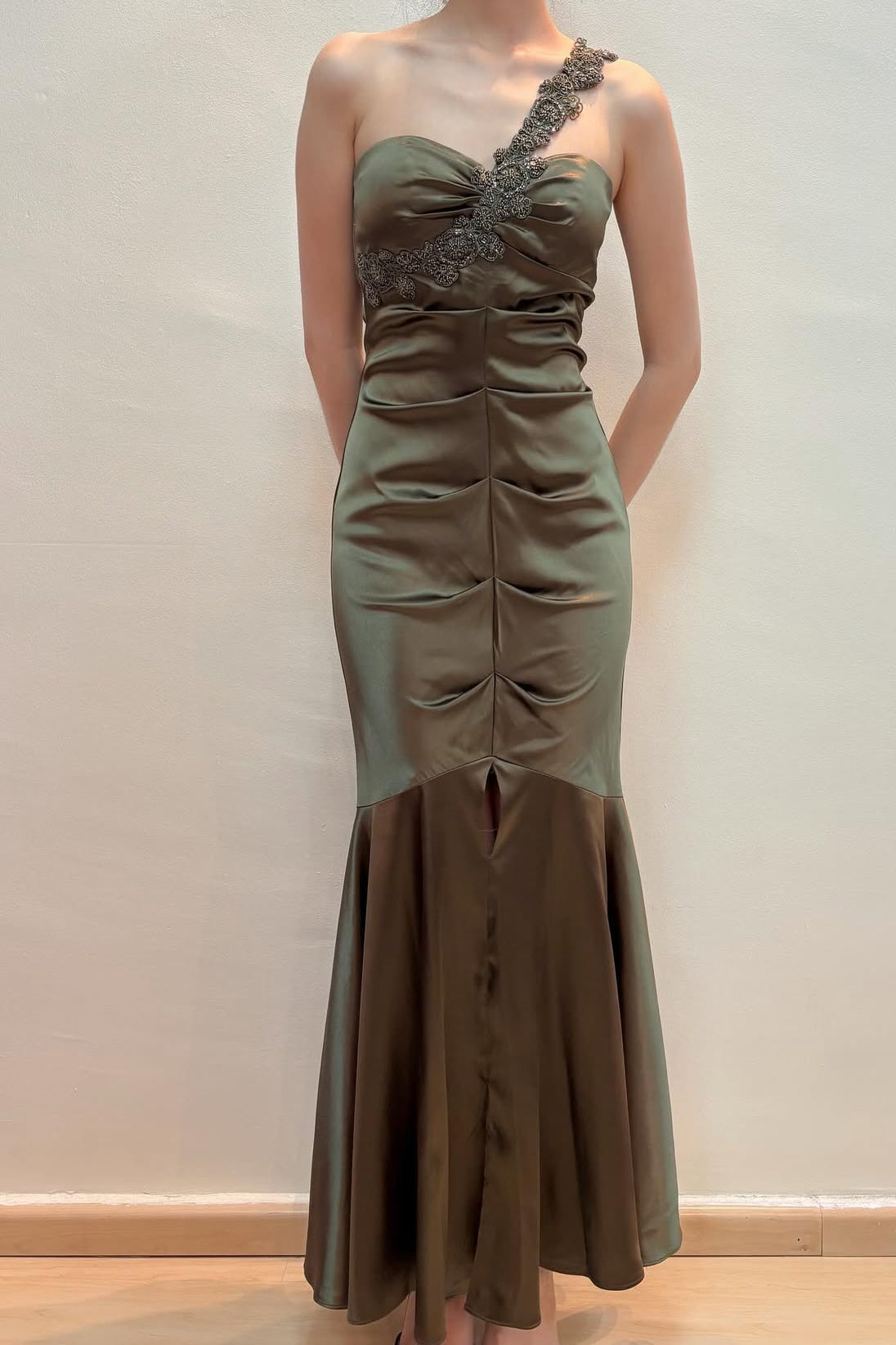 One-Shoulder Mermaid Long Prom Dress Green Satin Evening Dress