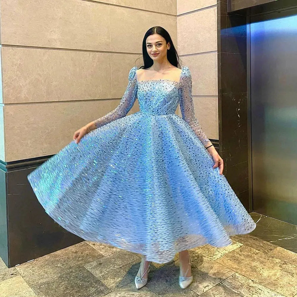 Ocean Blue Evening Dress Glitter Shiny Sequined Prom Gown 3/4 Long Sleeves Party Dress Lace Up Club Banquet Dress Blue
