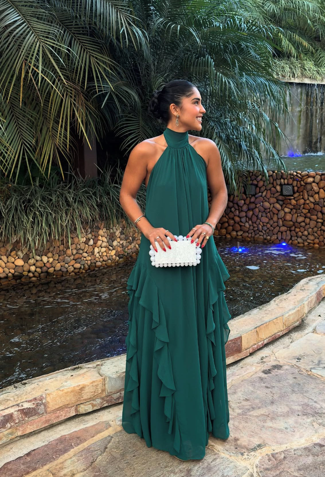 Halter A Line Green Long Evening Dress Ruffle Chiffon Prom Dress J8031