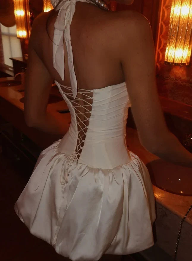 Simple White Satin A-Line Homecoming Dress Short Birthday Dress - View 9 | FashionDia