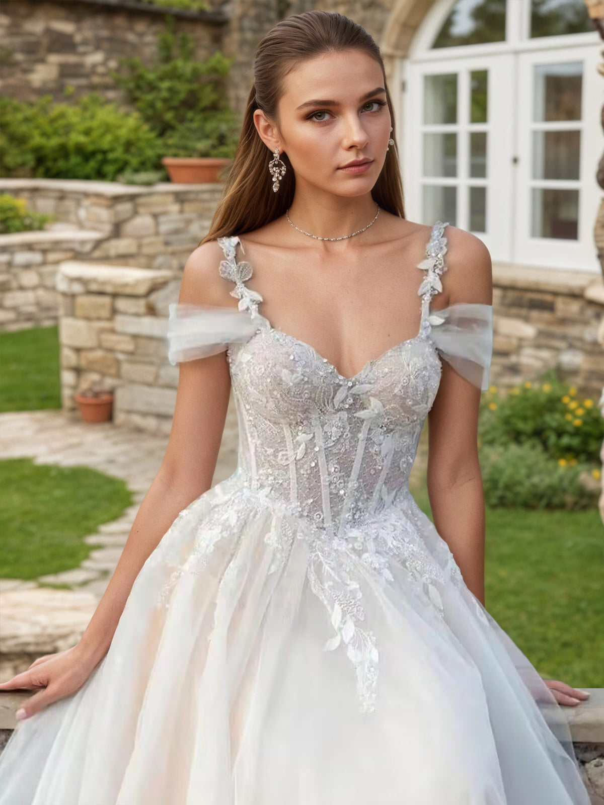 Off-the-Shoulder Wedding Dresses Boho Applique A-Line Ball Gown - View 3 | FashionDia