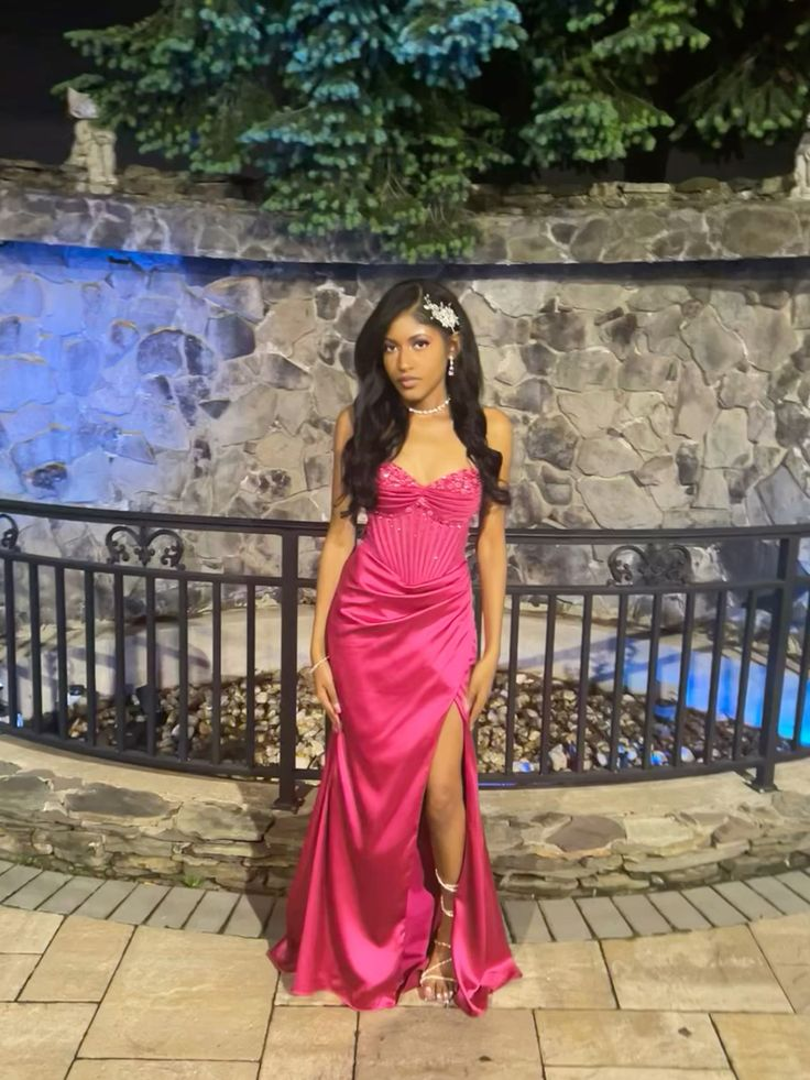 Cute Hot Pink Mermaid Slit Prom Dress Pleated Party Evening Dress - View 3 | FashionDia