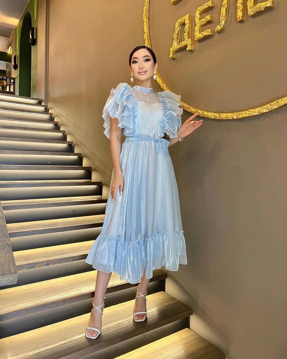 Blue Prom Dresses O Neck Puff Sleeves Ruched Button Homecoming Dresses Occasion Party Gown vestidos de graduación