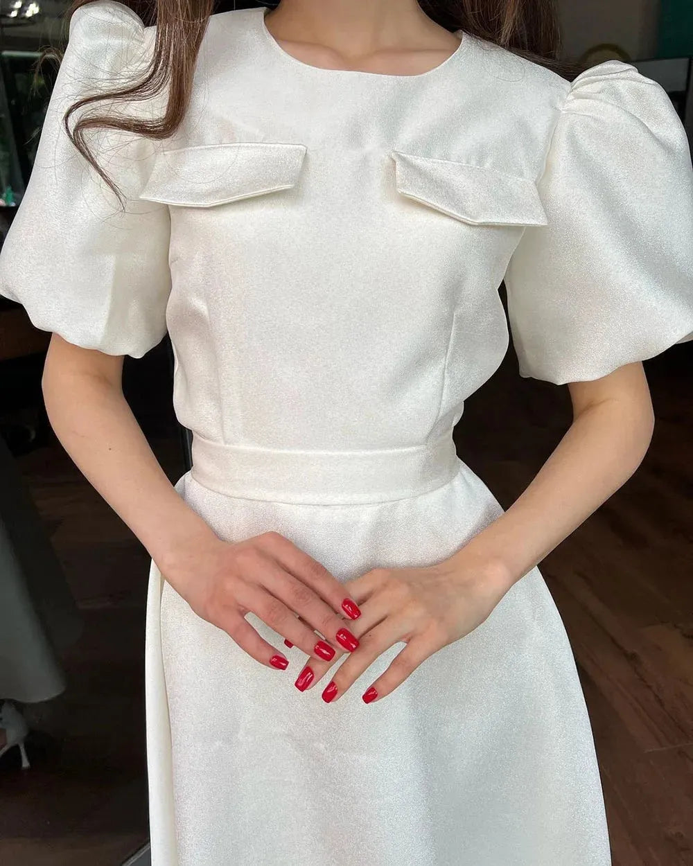 Charming Prom Dresses Elegant O neck Belt Short Puff Sleeves Evening Gowns Tea Length Graduation Formal Dress Pocket