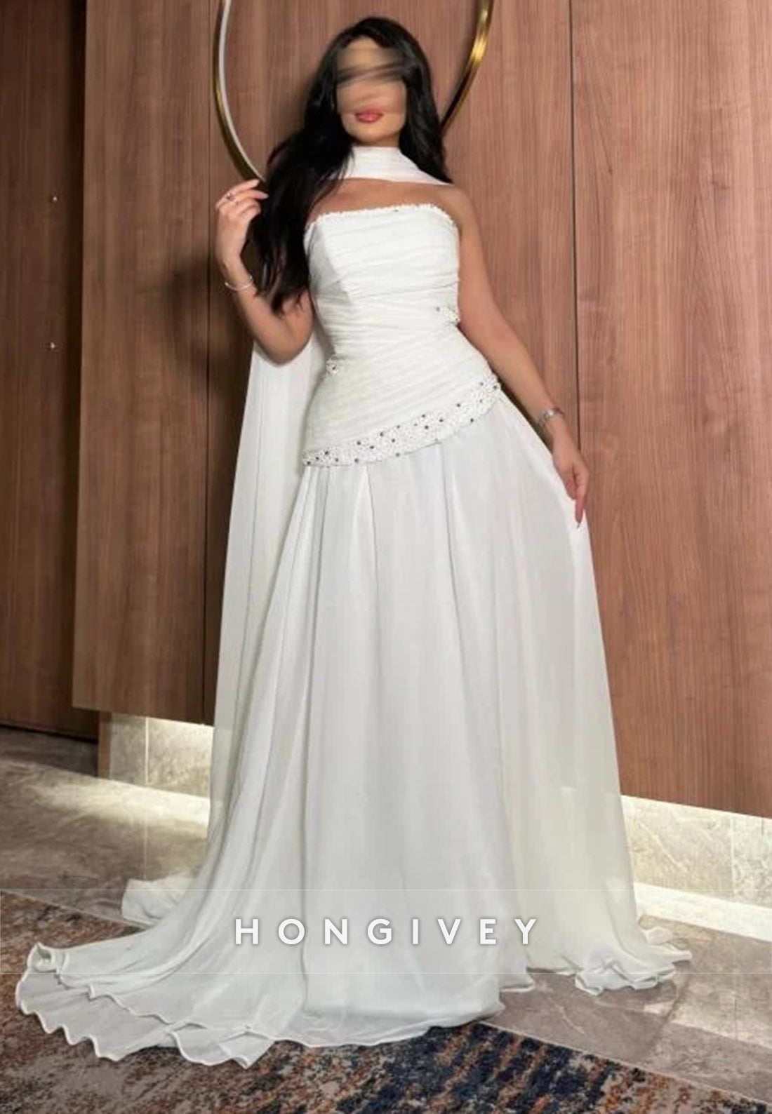 Sleeveless Court Train A-line Evening Gown WatteauTrain Pleated Wedding Dresses