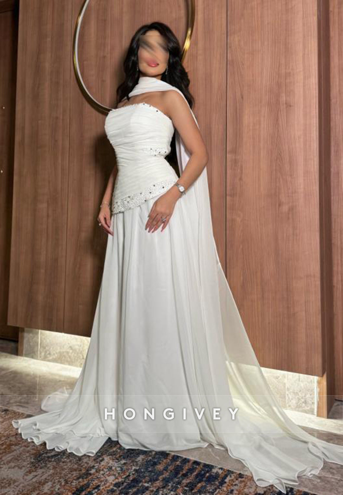 Sleeveless Court Train A-line Evening Gown WatteauTrain Pleated Wedding Dresses
