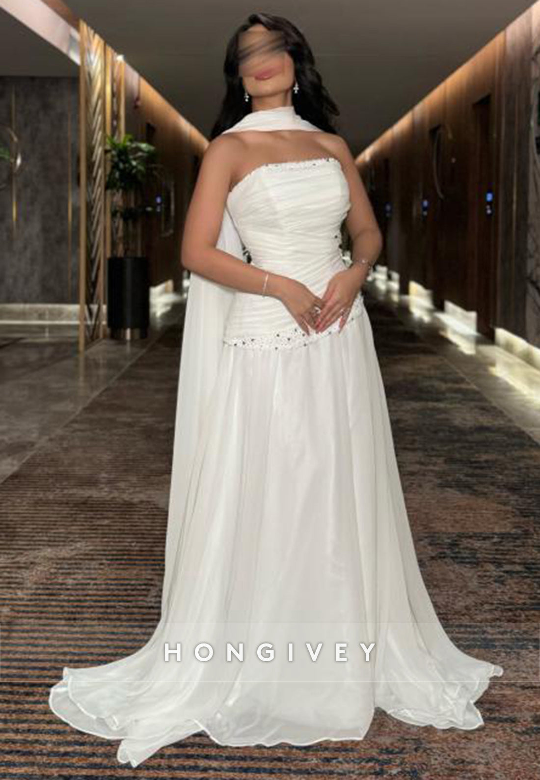Sleeveless Court Train A-line Evening Gown WatteauTrain Pleated Wedding Dresses