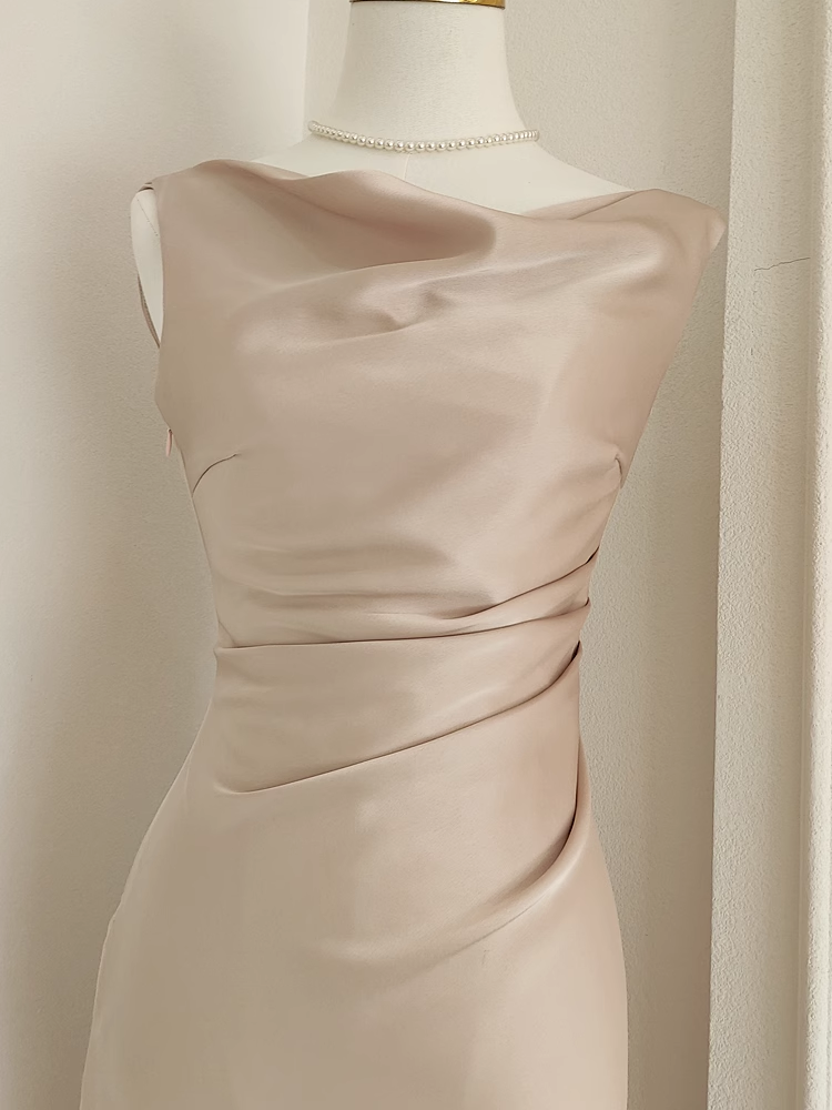 Sexy Sheath Boat Sleeveless Champagne Satin Party Dress Holiday Dresses - View 3 | FashionDia