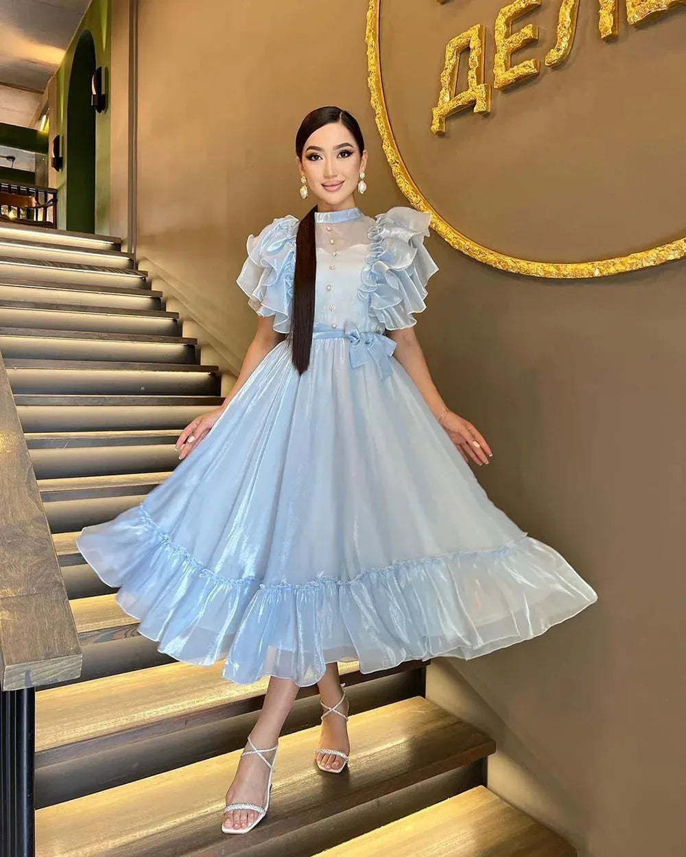 Blue Prom Dresses O Neck Puff Sleeves Ruched Button Homecoming Dresses Occasion Party Gown vestidos de graduación
