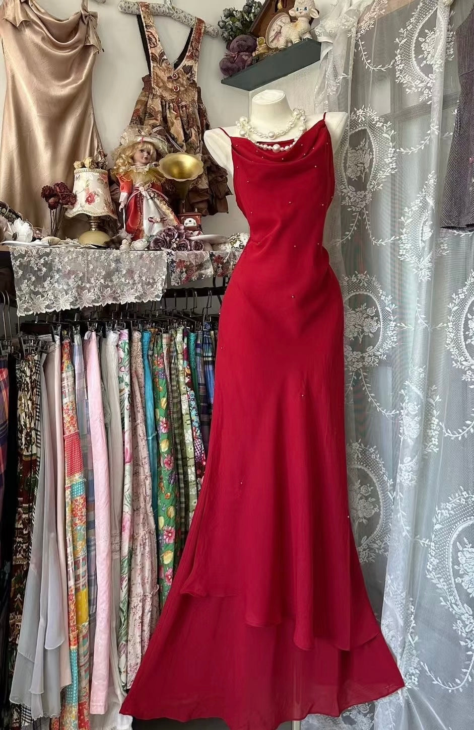 Spaghetti Straps Red Long Prom Dress Formal Evening Party Dress J8483