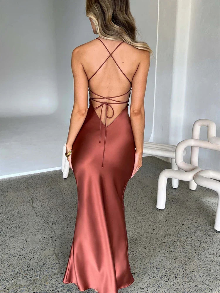 Satin Backless Lace Up Mermaid Silk Dress - View 2 | VelvetHem