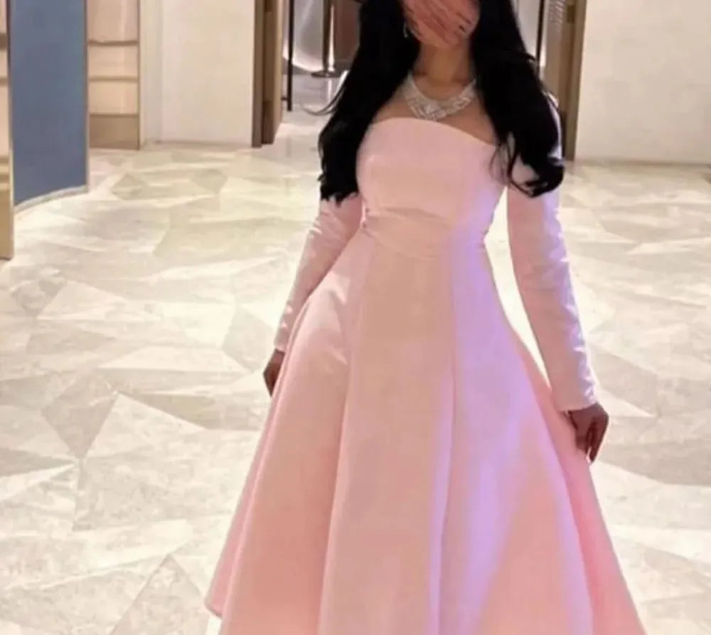 Pink Arabic Prom Dress Gowns Long Sleeves A Line Satin Custom Formal Evening Gown Elegant Party Dress For Women