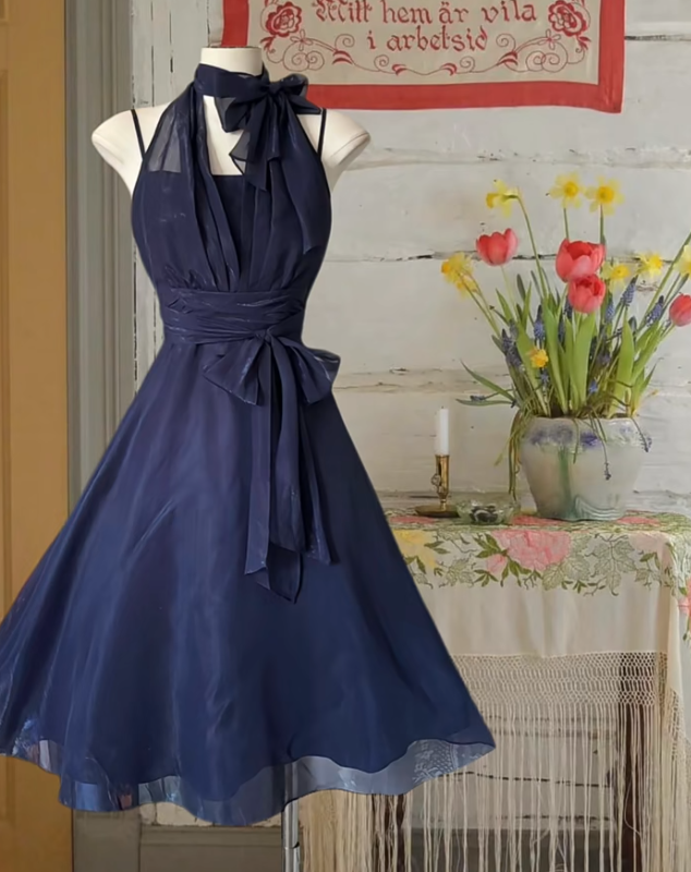 Simple Navy Blue Chiffon Halter A-Line Formal Graduation Homecoming Dress Cocktail Dress - FashionDia