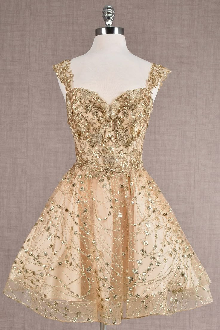 Pretty Gold Lace Butterfly Appliques Short Homecoming Dress Formal 20th Birthday Party Dress - FashionDia