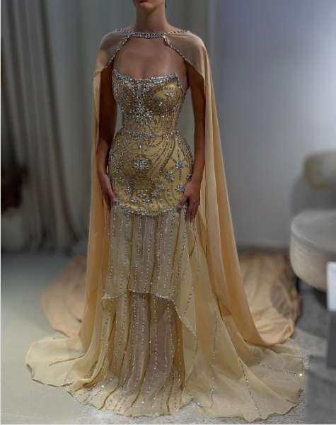 Glitter Yellow Chiffon Sequin Beaded Mermaid Evening Dress Long Birthday Prom Gown - View 3 | FashionDia