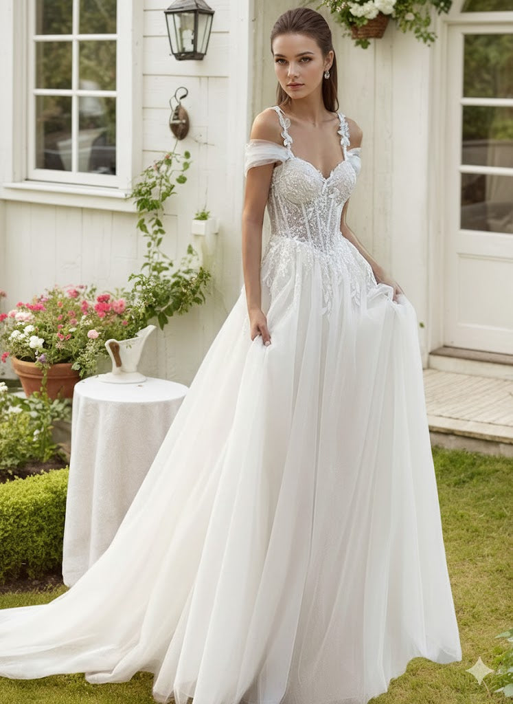 Off-the-Shoulder Wedding Dresses Boho Applique A-Line Ball Gown - View 5 | FashionDia